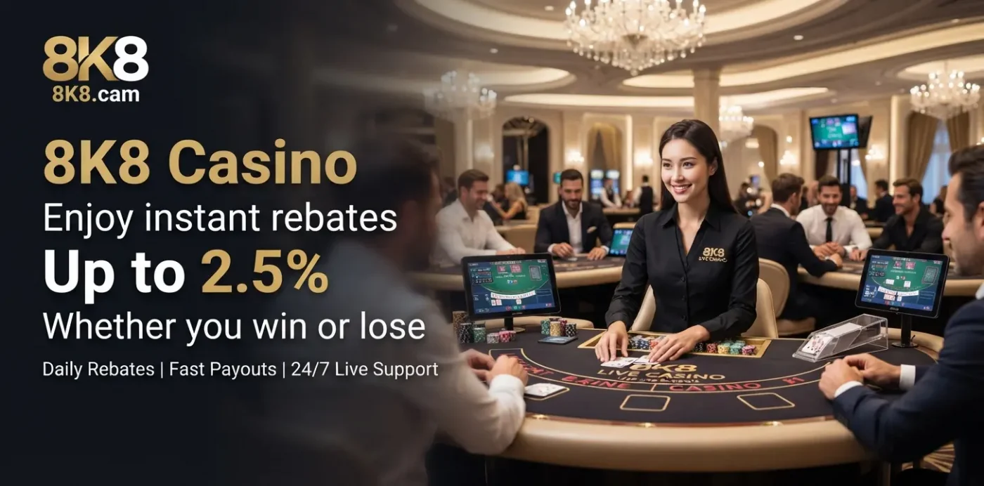 8K8 Casino Enjoy instant rebates Up to 2.5% Whether you win or lose